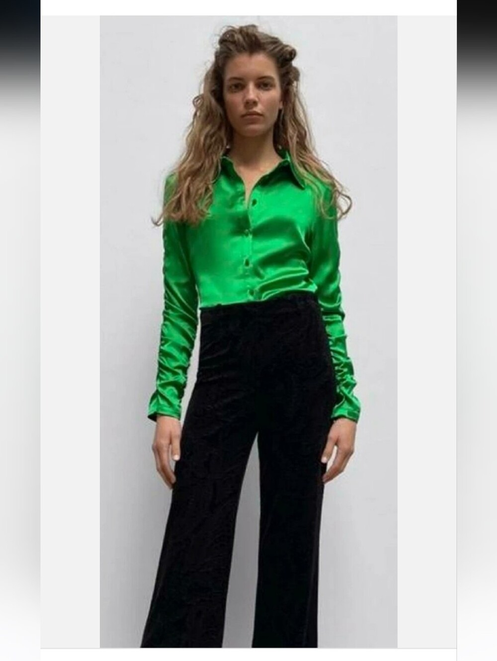 Zara Emerald Green Satin Fitted Blouse Ruched Gathered Sleeve Shirt  M